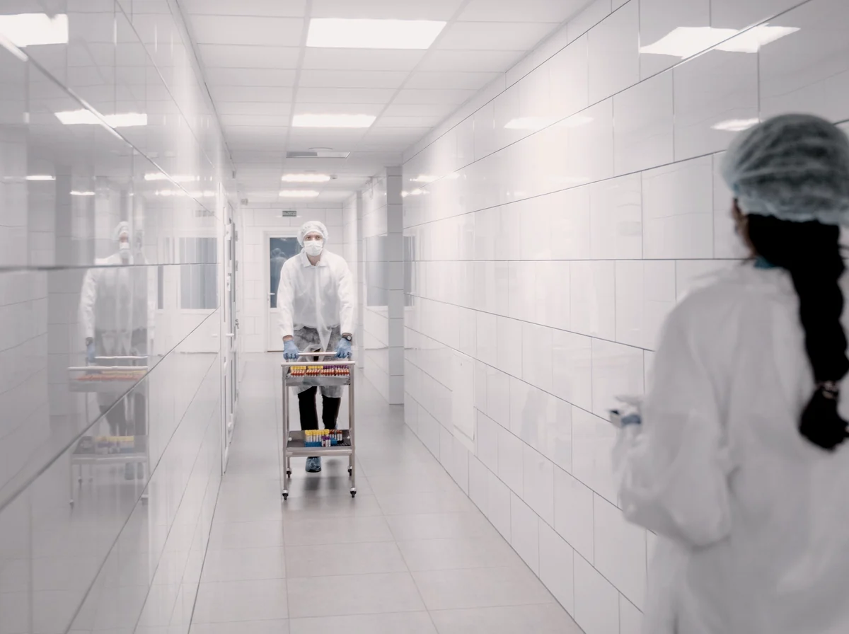 Equipe multidisciplinar de saúde caminhando junta em um corredor hospitalar